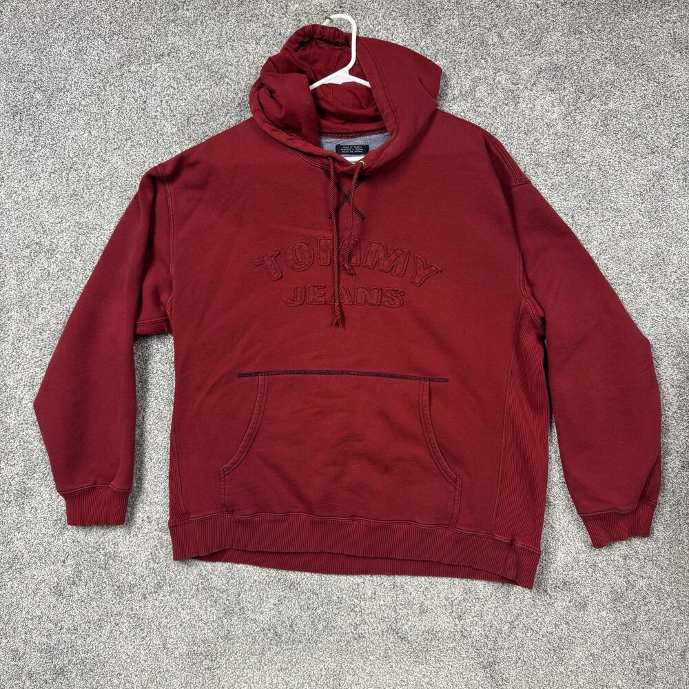 Vintage Y2K Hilfiger Denim Tommy Jeans Hoodie Mens Large Red Fleece Spell Out